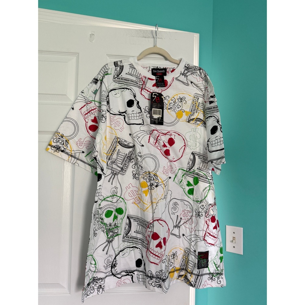 Five Elementz Mens 3XL Skulls Money All Over Print T-Shirt White Streetwear